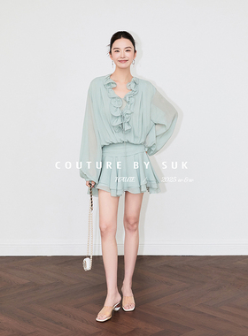 SUK 夏意绽放！古典气质绿色花朵荷叶边褶皱收腰显瘦连衣裙女短款