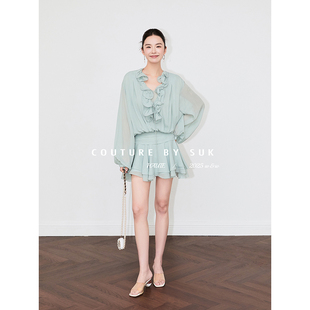 古典气质绿色花朵荷叶边褶皱收腰显瘦连衣裙女短款 SUK 夏意绽放