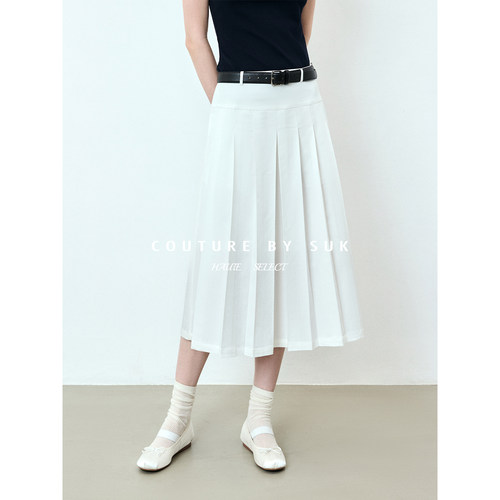 学院风高腰系带百褶半身裙女