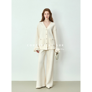 针织套装 SUK 外套高腰阔腿裤 90羊毛V领罗纹花边开衫 女 纱织艺术