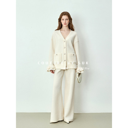 SUK 纱织艺术！90羊毛V领罗纹花边开衫外套高腰阔腿裤针织套装女