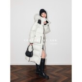 SUK 羽绒服女冬 下摆开叉貉子毛领可脱卸长款 雪域之心 撞色中长款