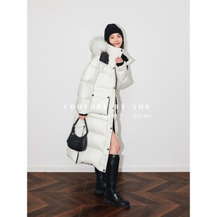 下摆开叉貉子毛领可脱卸长款 撞色中长款 羽绒服女冬 雪域之心 SUK