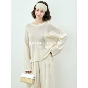 罩衫 SUK 女宽松圆领长袖 慵懒镂空针织衫 微透毛衣上衣 春夏空气感