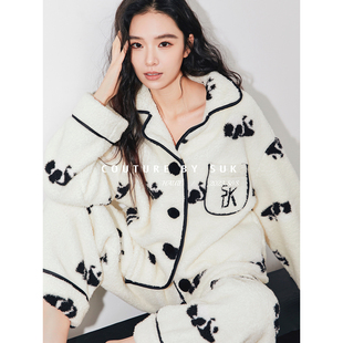 毛绒触感 子睡衣套装 舒适休闲感条纹 裤 女 熊猫纹睡衣上衣 SUK