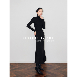 连衣裙女 黑色显瘦高领褶皱针织鱼尾裙长袖 SUK 优雅人鱼
