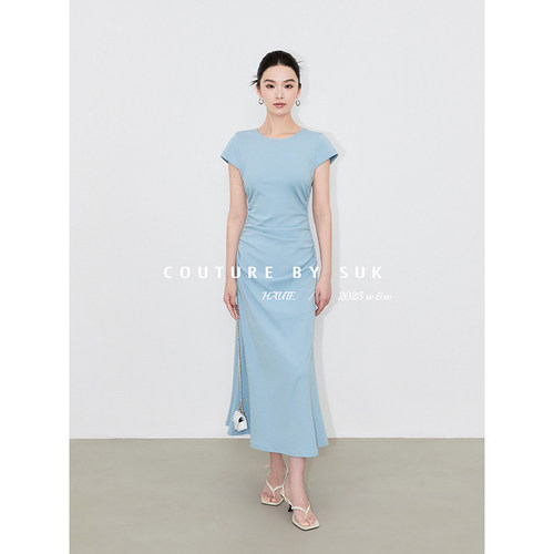 圆领短袖连衣裙女收腰显瘦长裙