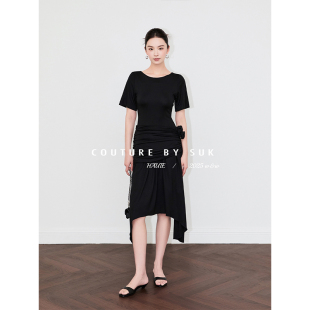 褶皱设计感针织短袖 优雅气质腰部围裹式 连衣裙女 气质加分 SUK