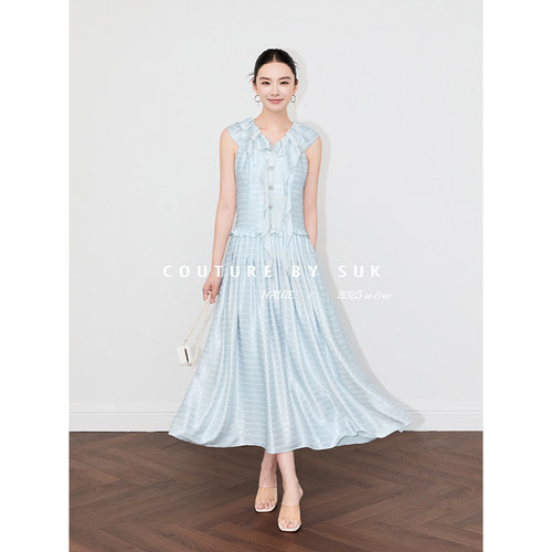 SUK 艺术窗格！V领收腰荷叶花边连衣裙女夏季新款无袖白色长裙