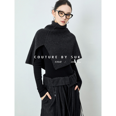 SUK 雅调披肩! 设计感纯色100%羊毛秋冬新款针织斗篷披肩外搭围巾