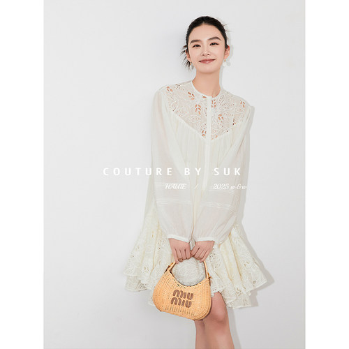 蕾丝拼接系带收腰时尚百搭连衣裙