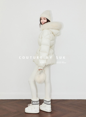 SUK 暖意倾城! 亮面连帽毛领90白鹅绒保暖优雅收腰毛领手套羽绒服