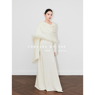 针织连衣裙长裙女 气质显贵可拆卸鸵鸟毛大披肩修身 SUK 沪上夜曲