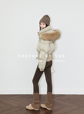 SUK 京都落雪！90白鹅绒短款秋冬设计感复古时尚毛领羽绒服外套女