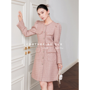 连衣裙女 气质宫廷感小香风收腰贴袋设计羊腿袖 SUK 优雅千金