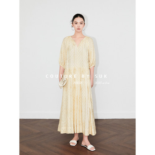 轻奢金丝绣花面料连衣裙女