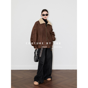 美式 SUK 新款 皮毛一体2025冬季 复古机车服皮草外套女 时髦感应