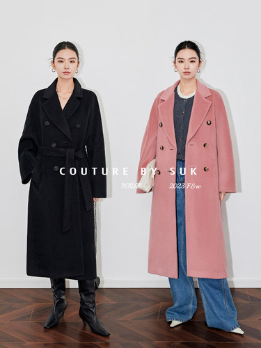 廓形长款羊绒羊毛牛角扣大衣