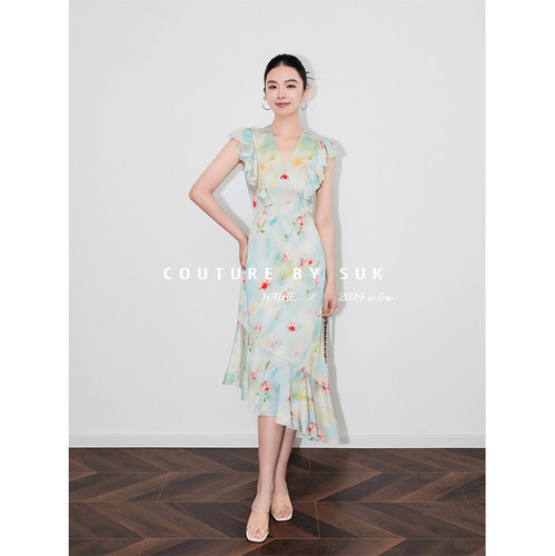 晕染真丝小飞袖碧水潋滟修身显瘦