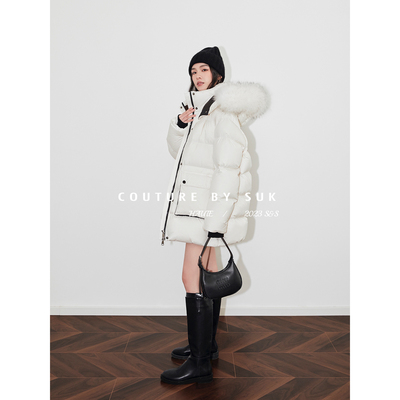 SUK 富士雪顶！2025冬季新款90鹅绒白色加厚羽绒服女大毛领中长款