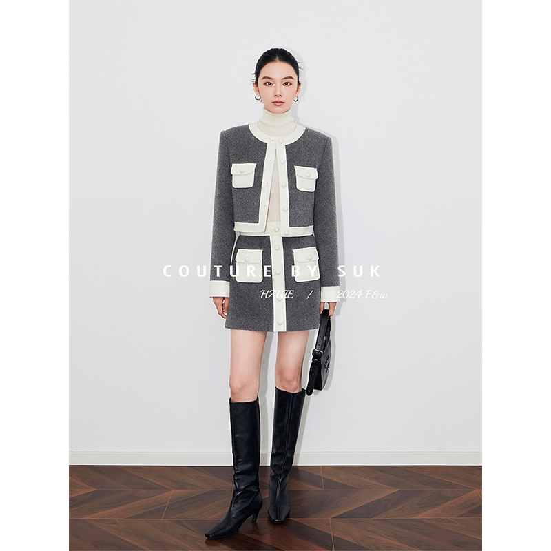 贴袋灰色毛呢知性气质短外套SUK