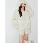 满分慵懒 两件套新款 秋冬绞花V领慵懒时尚 短裤 百搭针织长袖 SUK