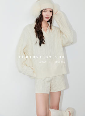 SUK 满分慵懒！秋冬绞花V领慵懒时尚百搭针织长袖短裤两件套新款