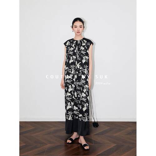 SUK 富丽清雅！小众清新印花圆领无袖宽松显瘦拼接下摆连衣裙