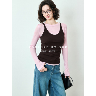 SUK 甜酷对白！两件套叠穿长袖T恤外穿细肩带吊带女百搭修身显瘦