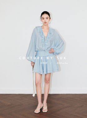 SUK 春光乍泄！2025春夏新款法式连衣裙V领雪纺长袖荷叶边设计感