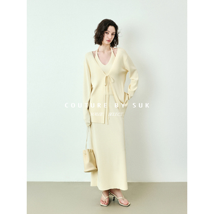 三件套装 SUK 及简风V领吊带半身裙系带开衫 微醺 女气质轻熟 法式