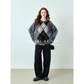 100%羊绒秋冬氛围感经典 SUK 米兰简章 复古慵懒松弛菱格圆领毛衣