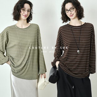 圆领T恤女宽松显瘦薄款 休闲慵懒风条纹长袖 舒适 无界松弛 SUK