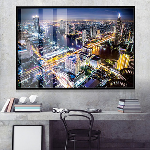 俯瞰泰国曼谷夜景装饰画繁华都市高楼大厦晶瓷画旅游公司横向挂画