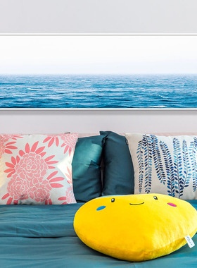 简欧ins淡蓝色海水风景大幅客厅主次卧室床头轻奢白色框装饰挂画