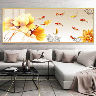 金黄色荷花莲子装饰画九鱼戏水图晶瓷画公司客厅沙发大幅横向挂画