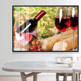 葡萄红酒杯瓶子软装饰画西餐厅高档轻奢晶瓷画酒庄长方形横向挂画