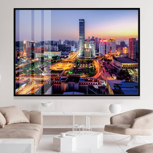 武汉风景软装饰画洪山广场城市夜晚晶瓷画长方形单幅横向黑框挂画