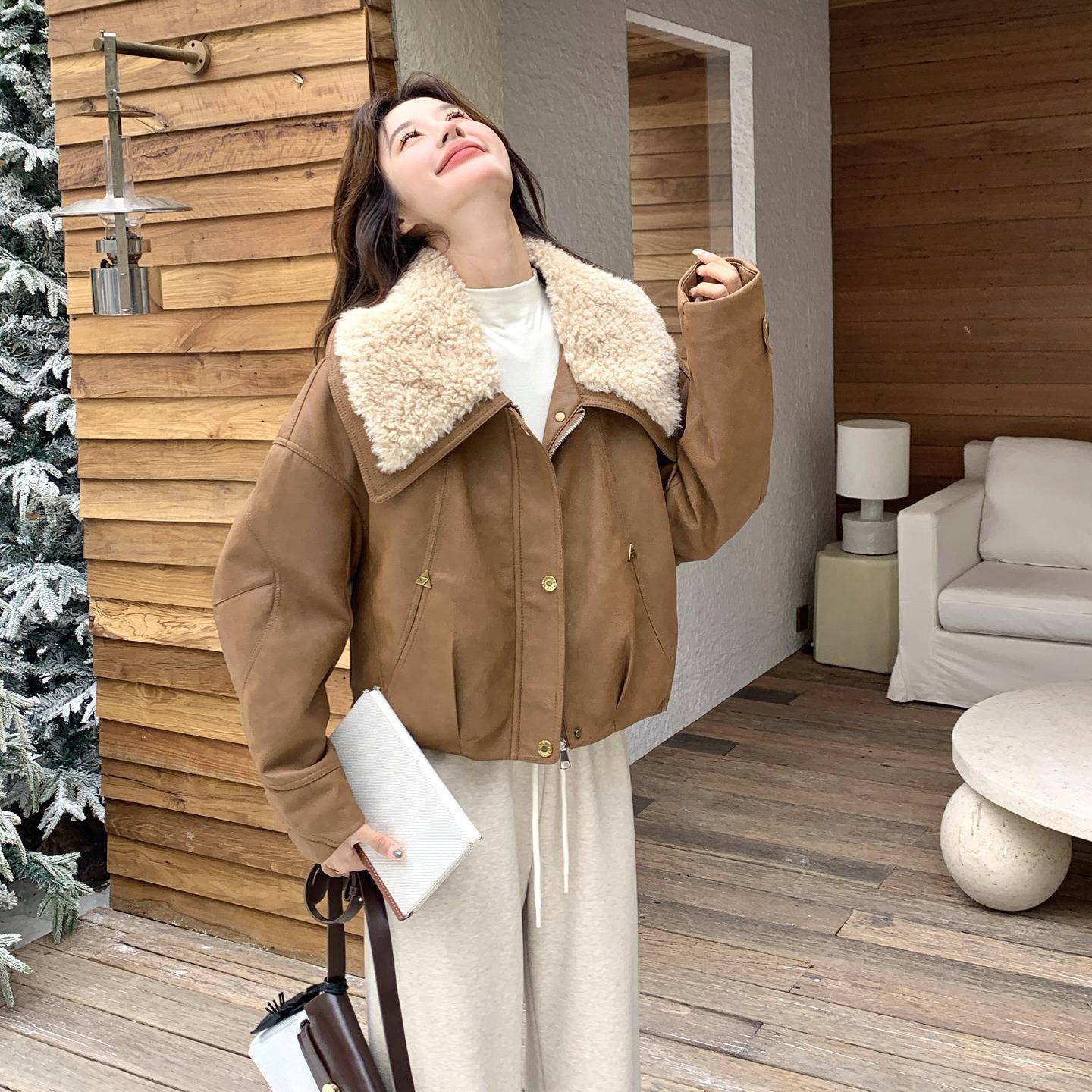 羊大领羔毛羽绒服外套女2025翻冬季新款b297-190小个子加加厚PU绒