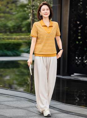 品女时尚休套装夏季天10905丝士半拉牌链翻领短袖阔腿裤宽松透闲