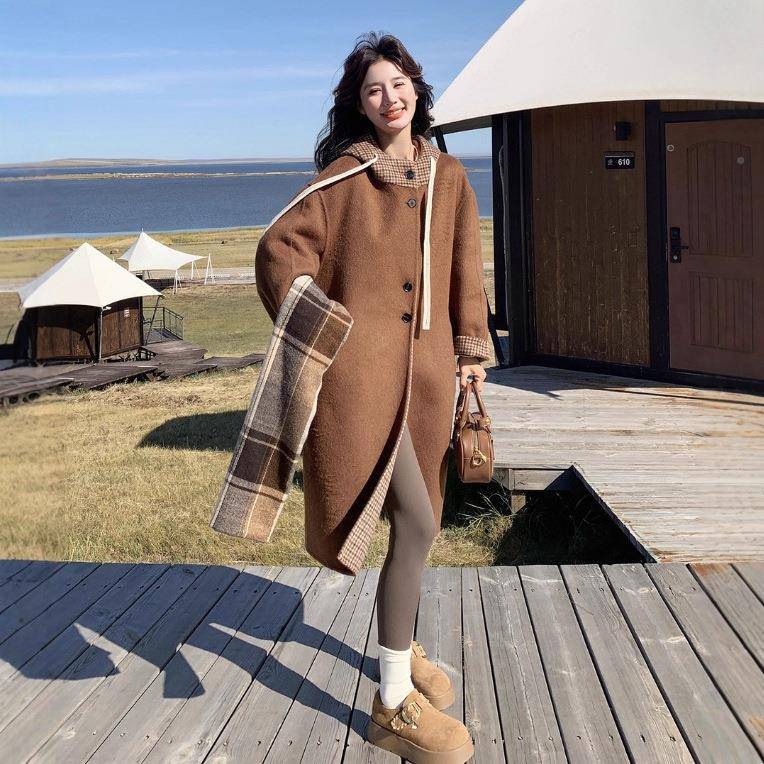 咖色毛美德格纹拼接双面呢羊毛大衣女2025连秋冬季新拉款帽C290-6