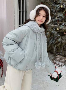 09韩系蓝色短款羽绒服女冬季22新款设计感针织连4帽0白鸭绒面ZZB1