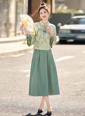 时尚套装225春季新印中0国风立式领复古花外套半裙两件套裙 LXLX2