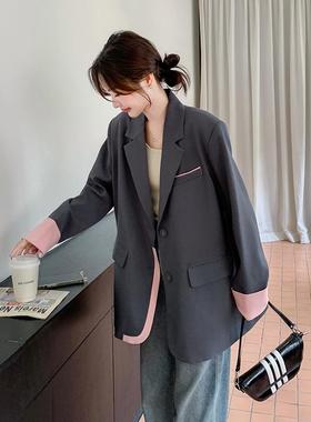 设计感拼接ZR2C007 灰色西装c套女春秋2025新款韩版hic气通质宽松