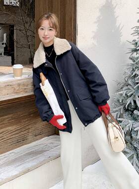 黑色工装派羽绒服胆女冬C098-863克季2025复古宽松羔毛翻领羽羊绒