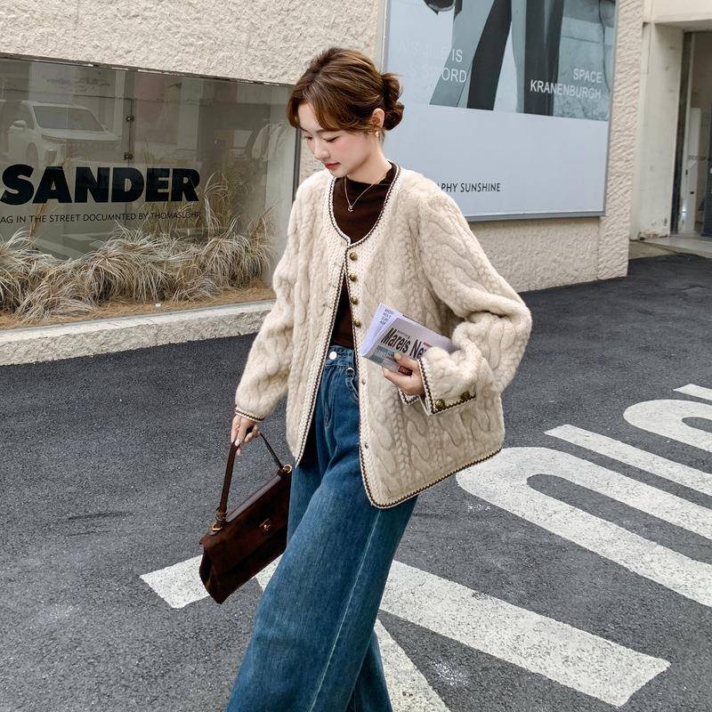 小香风撞色拼接羊纹羔毛外套毛女冬202c196-8135新款衣编织仿毛一