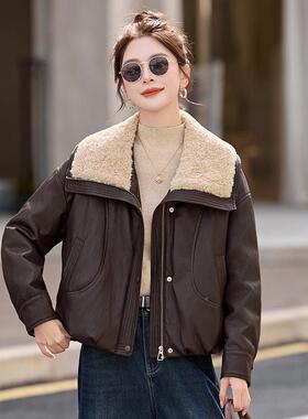 仿羊羔毛翻领皮衣女22025新冬款新大款洋气保暖PU皮羽绒服YXYX865