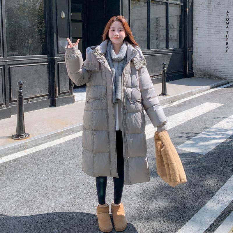 韩版中长瘦款C372-877过膝连帽羽绒服女2025款冬新加厚显保暖季白