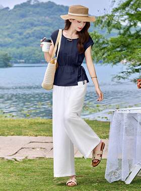无袖系HM2659-0收腰衫阔带腿长裤子女夏衬季款慵懒风新两件套装