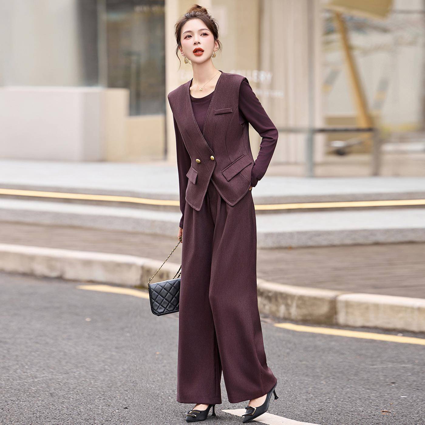 2025秋季新款衫时尚套装马针8YB8608-0织优雅阔腿甲裤减龄三件套